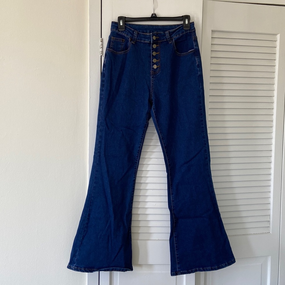 Medium Wash High-Rise Button-Up Flare Jeans